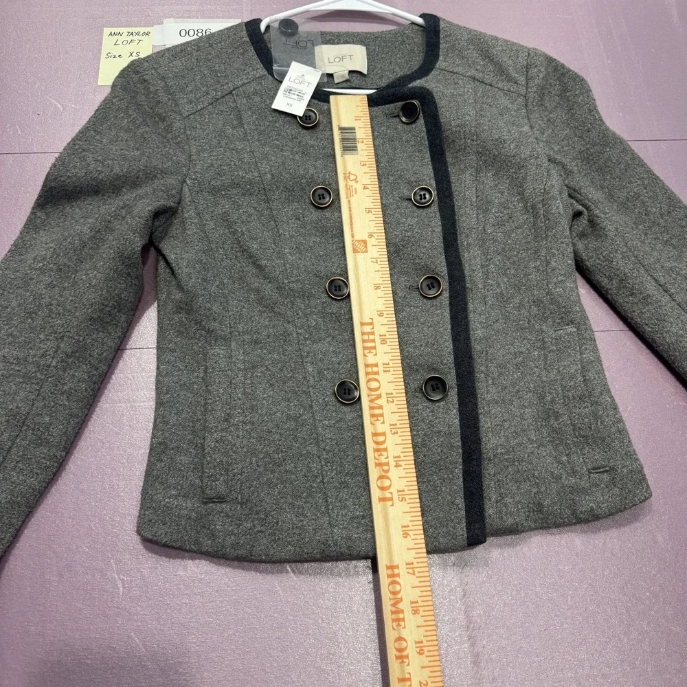 LOFT Double Breasted Jacket Womens XS Gray NEW Wool Blend Contrast Trim Military